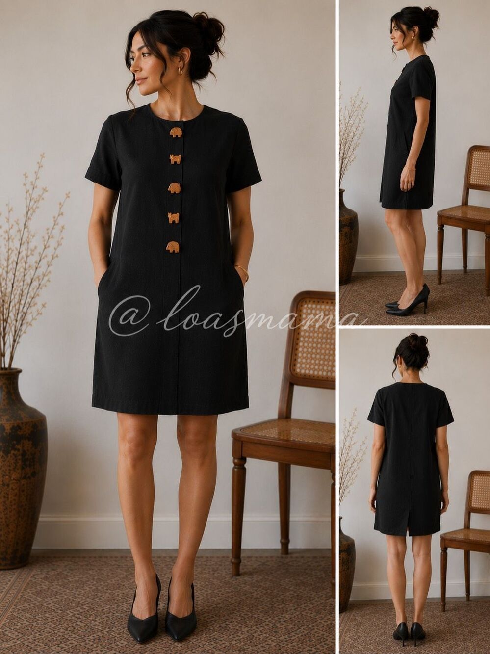 VTG Jessica Howard Shift Dress sz 8 Petite Wooden Animal buttons Safari black